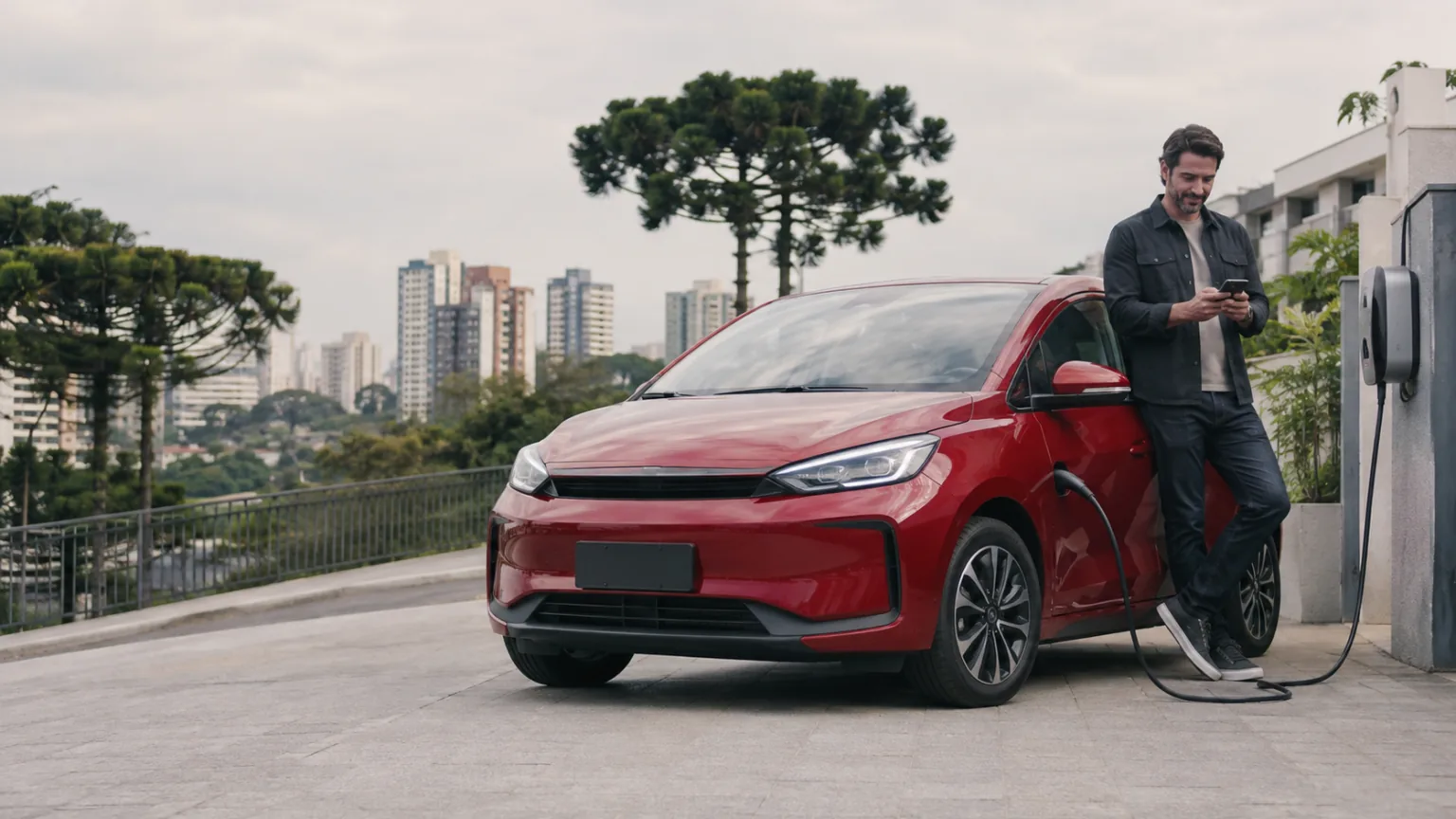 Carro elétrico vermelho em recarga residencial em Curitiba enquanto motorista consulta cotação no celular