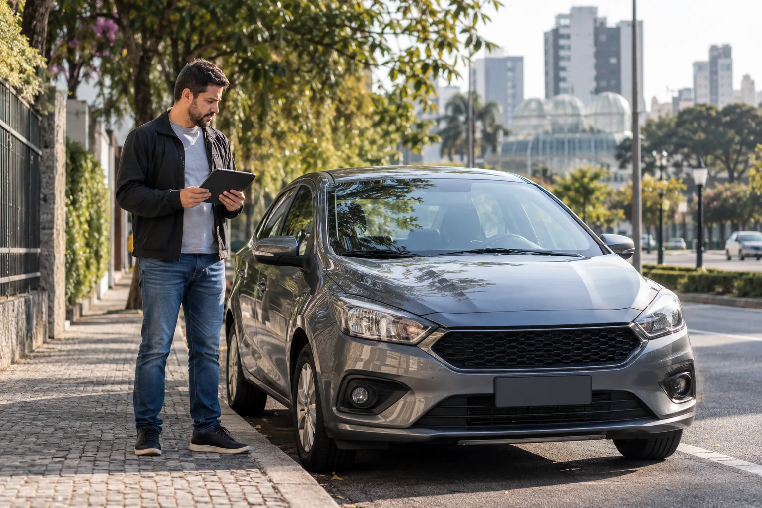 Motorista de aplicativo avaliando opções de seguro auto ao lado do veículo