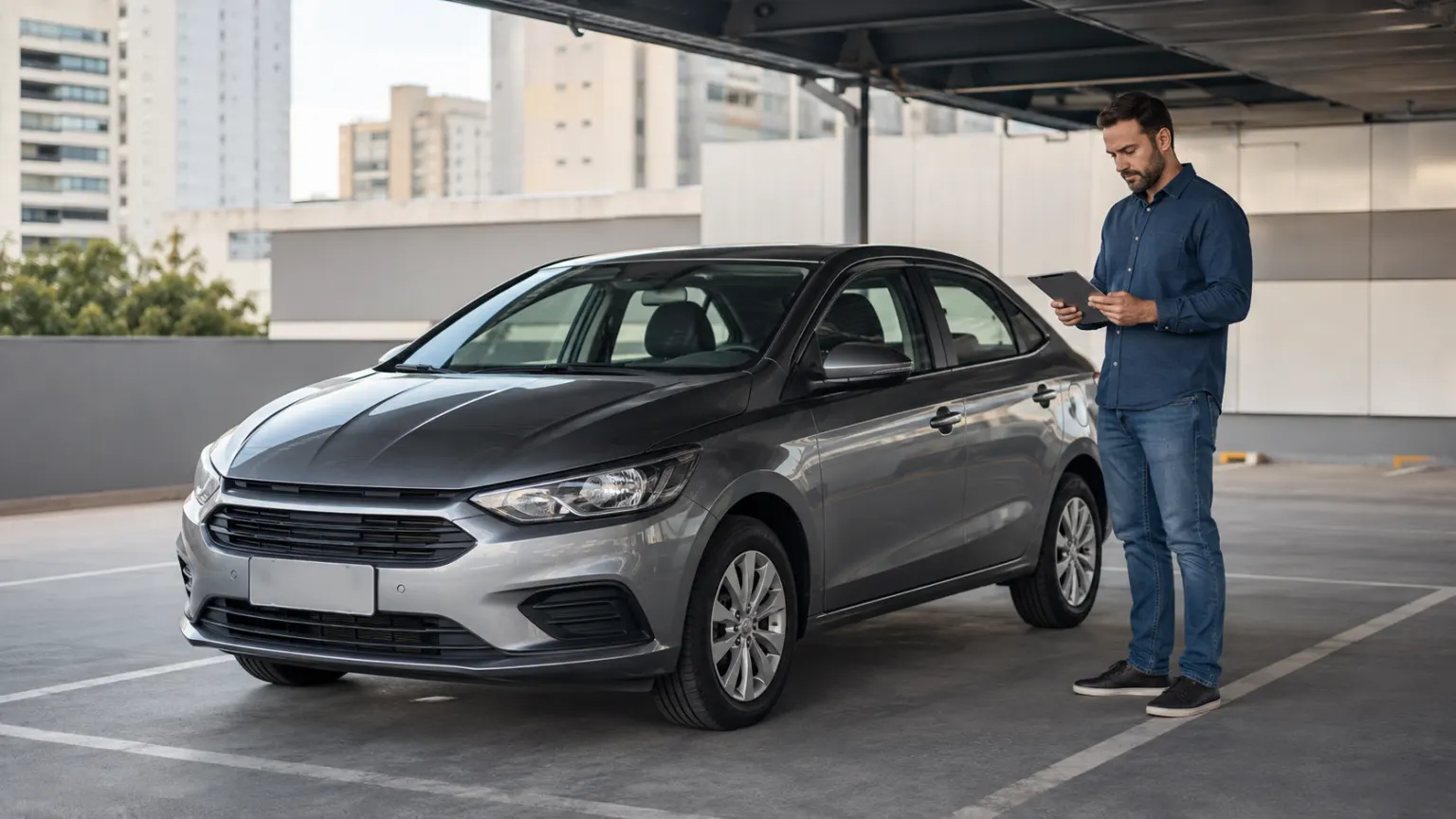 Proprietário compara opções de seguro ao lado de um carro usado bem conservado