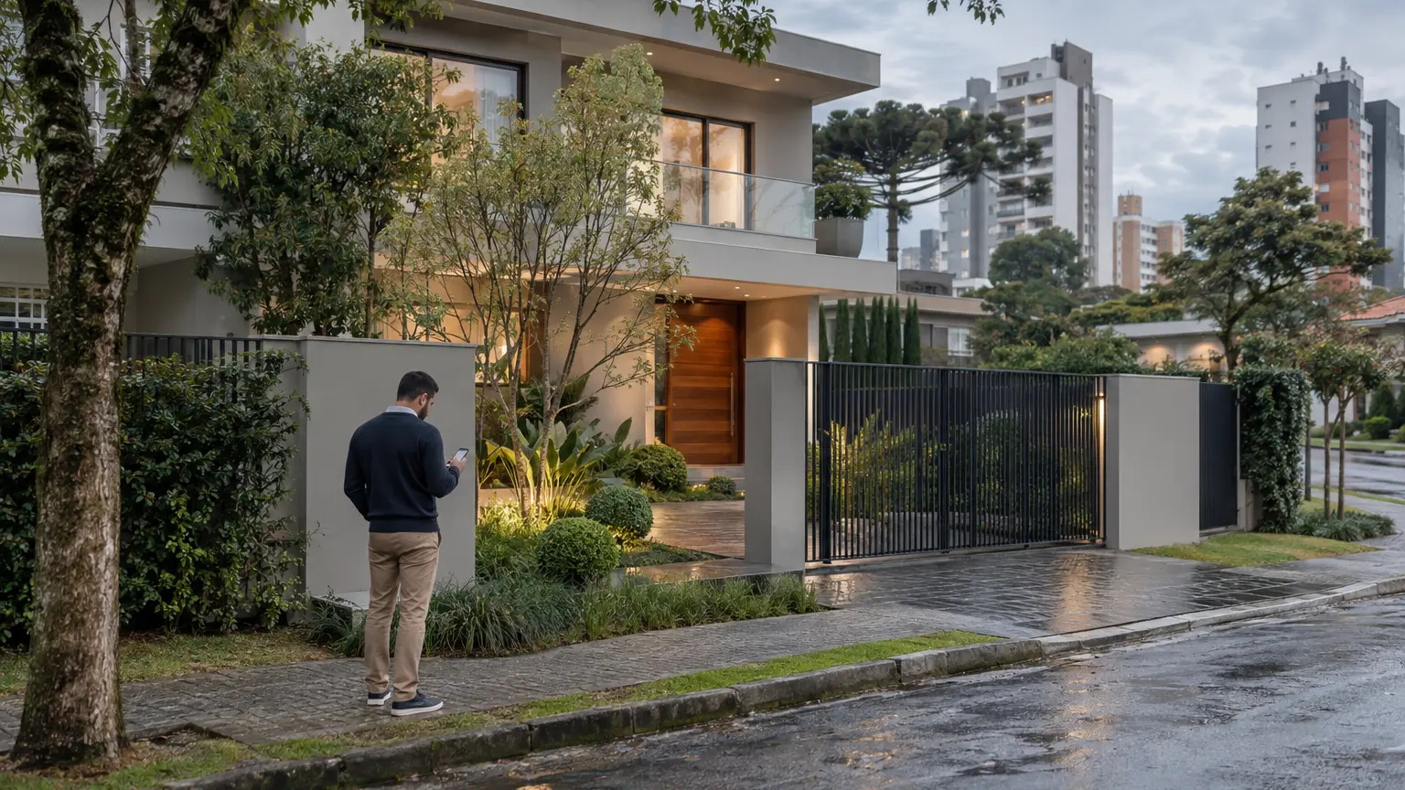 Casa e edifícios residenciais em Curitiba após a chuva