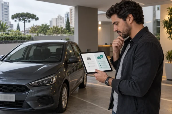 Motorista compara coberturas de seguro ao lado de um carro