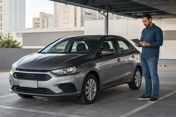 Proprietário compara opções de seguro ao lado de um carro usado bem conservado