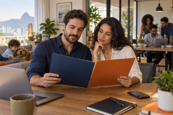 Família e equipe comparando opções de seguro de vida individual e empresarial